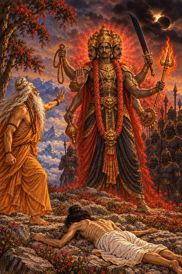 On Mandara the aged Bhrigu rises in fury beside Shukra's withered body as six-armed Kala raises a calming palm.