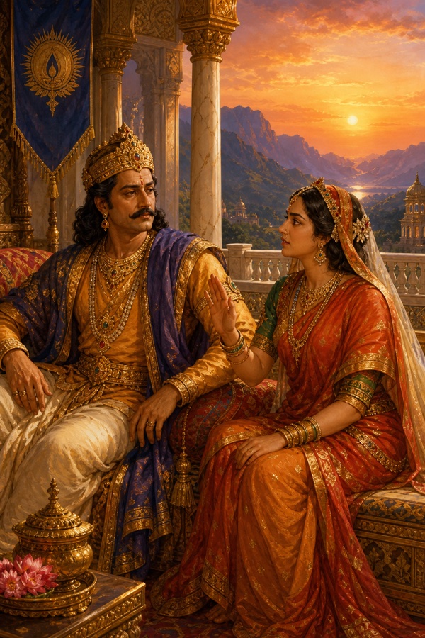 A richly painterly classical-Indian color illustration of King Sikhidhvaja in royal robes seated on a marble palace balcony beside Queen Chudala, who turns toward him with a grave, cautioning gesture; warm sunset light, distant blue mountains, ornate pillars and patterned cushions, dignified.