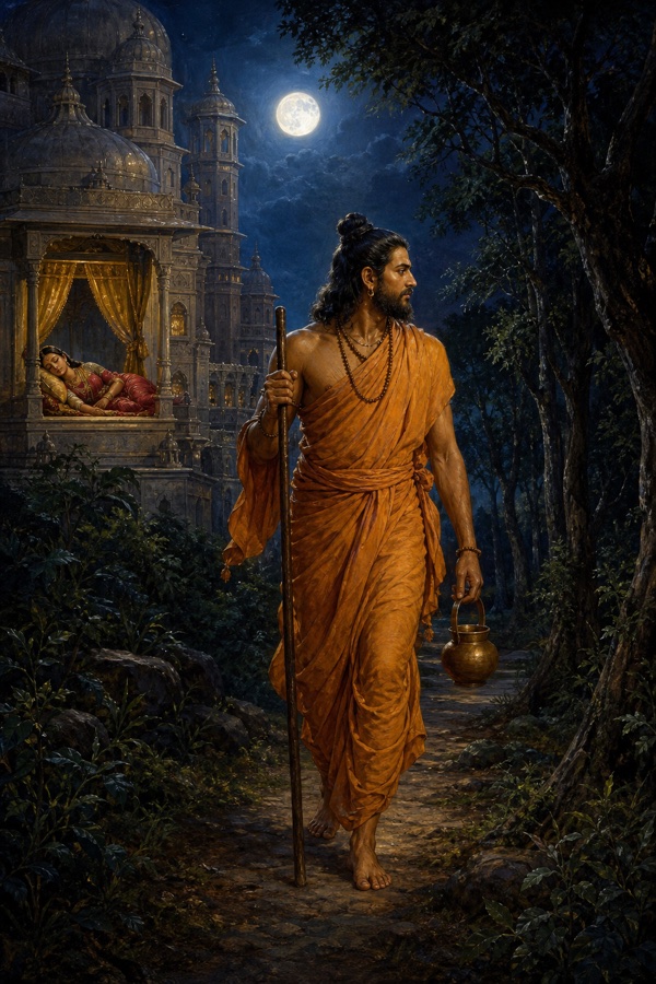 A painterly classical-Indian color scene of Sikhidhvaja, now in simple ascetic ochre robes with a wooden staff and water pot, walking alone away from the moonlit palace into the dark forest at night under a full moon, his sleeping queen and the towers behind him; cool silver-blue night palette, dignified.