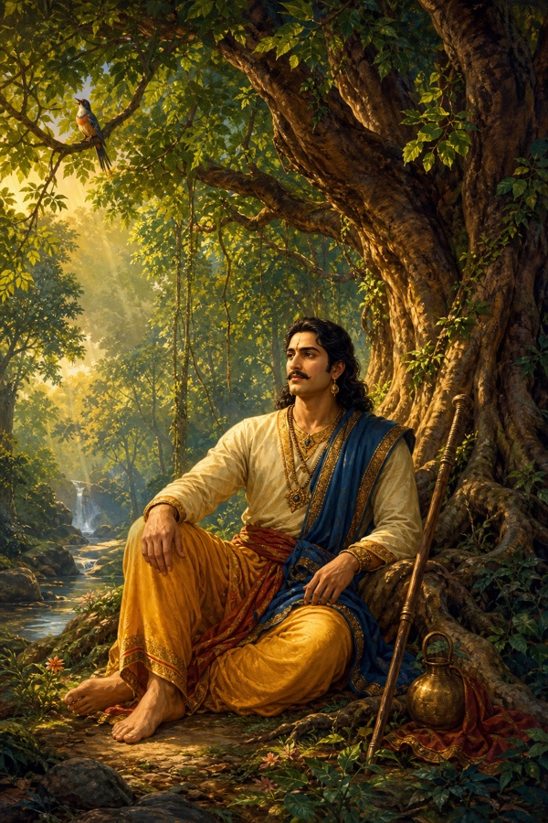 A lush painterly classical-Indian color illustration of Sikhidhvaja, still well-fleshed, settling beneath an immense ancient tree with thick roots and dense green canopy in a vast forest, staff and water pot beside him, a small bird singing on a branch, dappled golden light, serene and dignified.