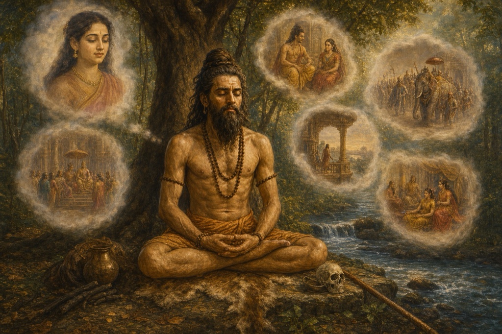 A painterly classical-Indian color tableau of Sikhidhvaja meditating cross-legged with closed eyes beneath his tree while luminous translucent memory-visions swirl around his head: a young hunter and a fleeing deer, Chudala's smiling face, a fallen messenger, a royal court; warm earth tones with ghostly pale apparitions, dignified.