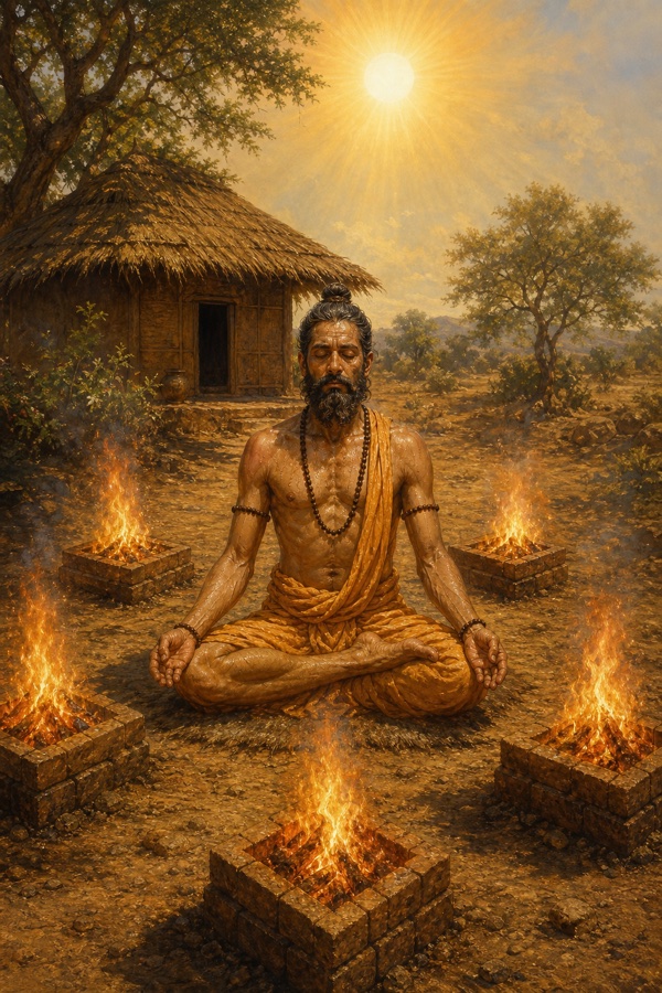 A dramatic painterly classical-Indian color illustration of a lean bearded Sikhidhvaja seated in the panchagni austerity, surrounded by five blazing dhuni fires with rising smoke under a fierce midday sun, his body sweating and scorched, small hut behind; glowing oranges and ochres, intense yet dignified.