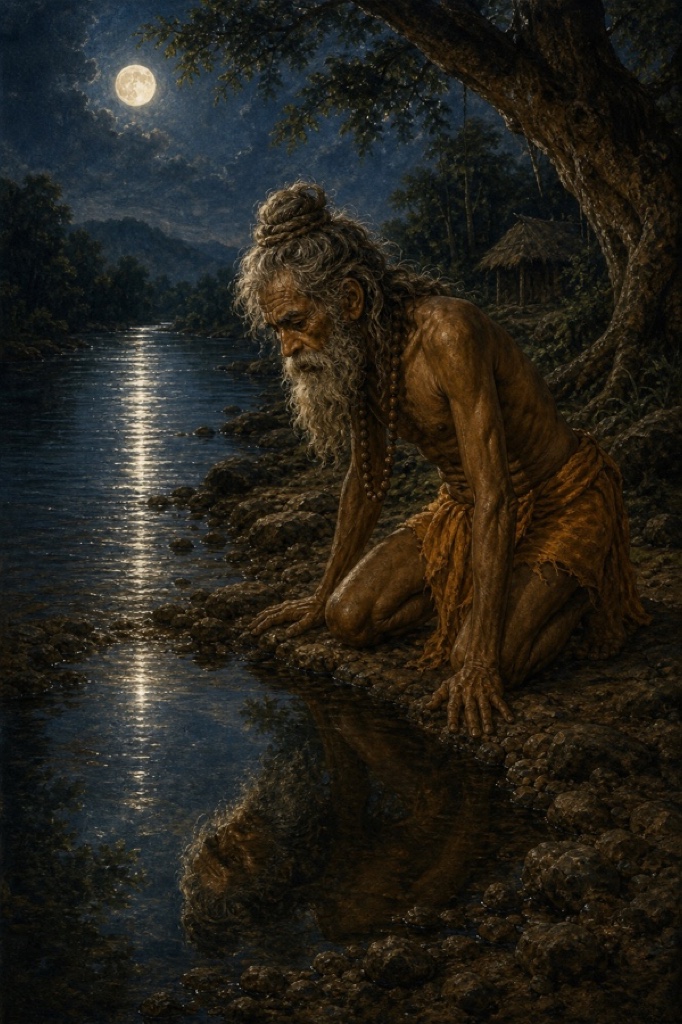 A poignant painterly classical-Indian color scene of an emaciated, white-bearded old Sikhidhvaja kneeling at a still riverbank under a worn tree, gazing sorrowfully at his own gaunt reflection in the water, ribs showing and hair matted; muted twilight blues and grays, quiet and dignified.