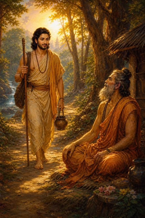 A painterly classical-Indian color illustration of a fresh-faced young man named Kumbha with black hair, a light beard, bright eyes, a staff and water pot, walking up a sunlit forest path toward the weather-beaten seated hermit Sikhidhvaja, who looks up with a flicker of openness; warm dawn light through tall trees, dignified.