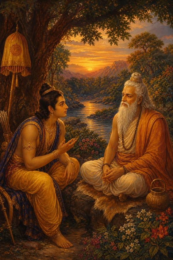 Young prince Rama seated before the white-bearded sage Vasishtha in a riverside grove at dusk, leaning forward in eager question, sage listening serenely; warm color, classical Indian miniature style, dignified, no text