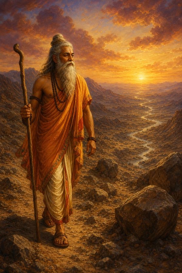 A lone long-bearded sage Vasishtha walking with a staff across a strange barren low hill scattered with great and small boulders, no trees or grass, a winding river far below; rich earthen color landscape, classical Indian painting, dignified, no text