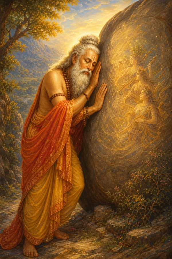 Elderly sage Vasishtha pressing his ear and open palm against a huge smooth boulder on the bare hillside, eyes closed listening intently to a song from within the stone; soft golden light, faint musical shimmer around the rock, classical Indian color art, no text