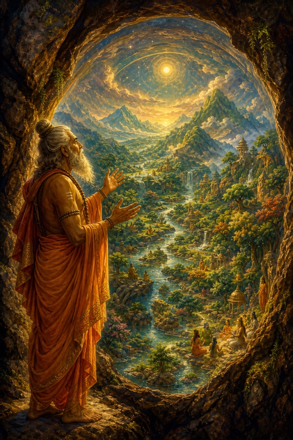 Vasishtha standing wonderstruck inside a luminous inner world that has opened within the stone, a whole landscape of green mountains, winding rivers, trees and a domed sky curving overhead to show it lies inside the boulder; jewel-toned color, classical Indian painting, dignified, no text