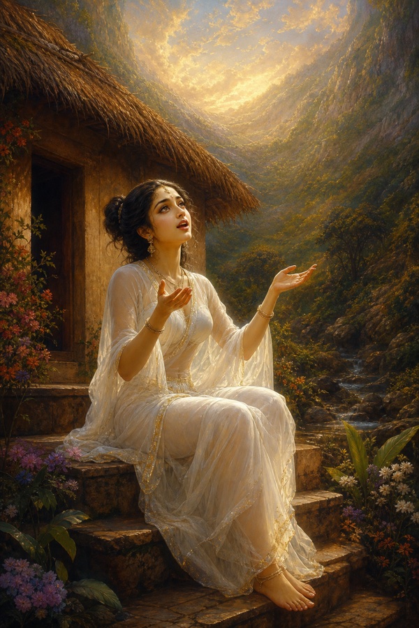 A luminous translucent Vidyadhari woman in flowing white, raven hair in a loose bun, very large fathomless eyes, seated on the stone steps of a small thatched mud hut singing, hands lifted gently, the inner valley curving up behind her like a dome; tender color, classical Indian miniature, dignified, no text