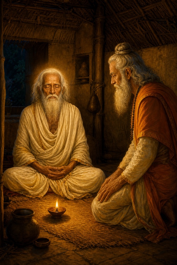 Inside the dim hut, an extremely old emaciated white-haired brahmin sits cross-legged in deep meditation by a single small oil lamp, ribs visible, breath nearly still; Vasishtha kneels reverently beside him observing; warm lamplit color, classical Indian painting, dignified, no text