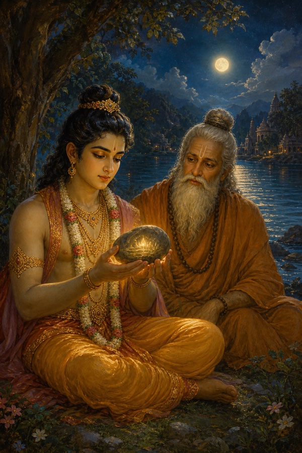 Prince Rama on the riverbank at night cradling a small ordinary stone in both palms, gazing into it with wonder while sage Vasishtha watches gently beside him; a faint inner glow within the stone hints at a hidden world; soft moonlit color, classical Indian art, dignified, no text