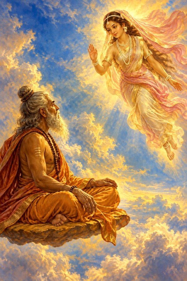 In the blue and gold void of his trance, Vasistha turns as a woman fair as molten gold glides toward him with a hand raised.