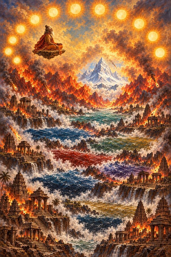 Twelve suns blaze as the seven seas boil and the mountains flare, one snowy peak untouched, as Vasistha watches from the air.