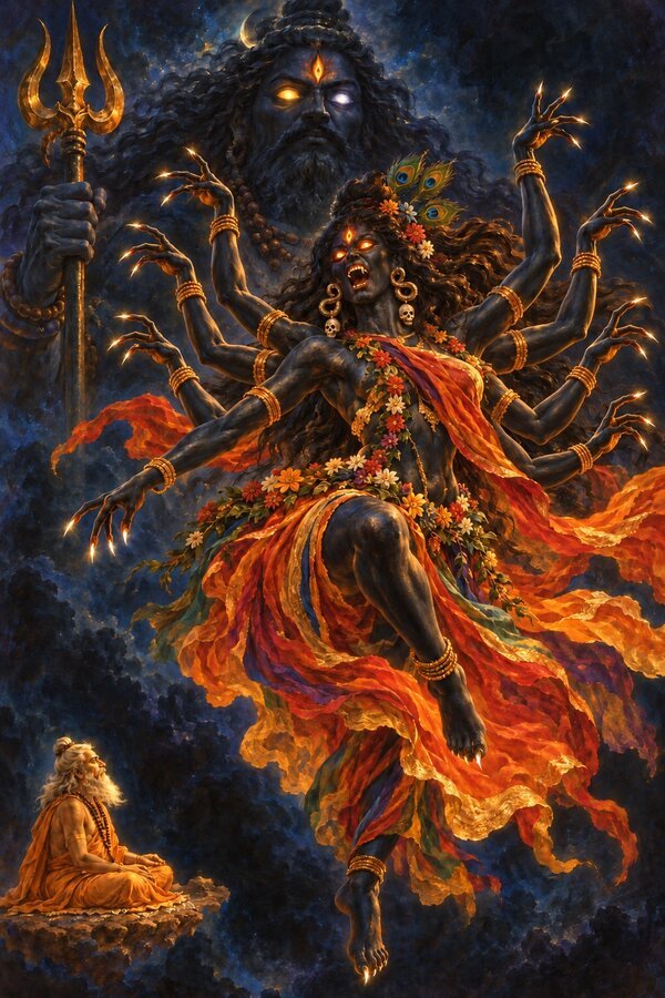 In the dark void after the deluge vast Rudra stands as gaunt, three-eyed Kali rises from him and dances, Vasishtha watching.