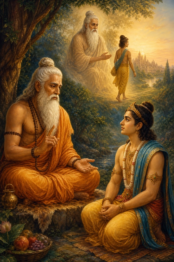 Sage Vasistha, white-bearded and seated on a forest dais, gently instructs young prince Rama; behind them a soft vision of old Vyasa sending little Shuka toward distant Mithila, warm dawn light, classical Indian painting