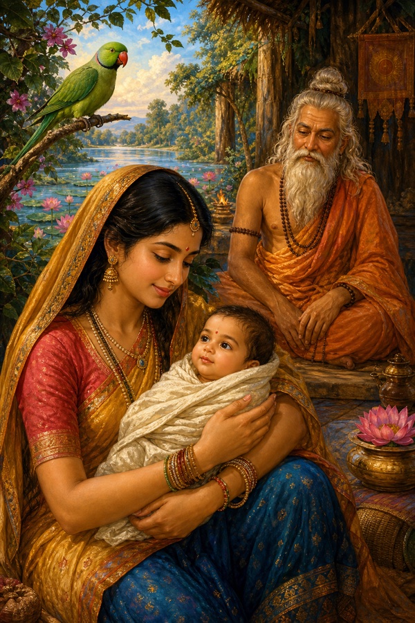 Newborn radiant child Shuka in his mother's arms inside Vyasa's hermitage, a bright green parrot perched nearby suggesting his name, his eyes uncannily luminous, lotus and river beyond, jewel-toned classical miniature