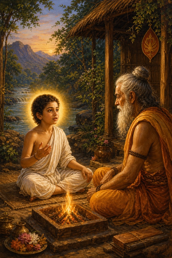 Six-year-old Shuka in white robes opens his eyes from meditation on a woven mat and speaks to old Vyasa seated before a small fire, a serene golden aura around the boy, hermitage and river backdrop, classical Indian color art