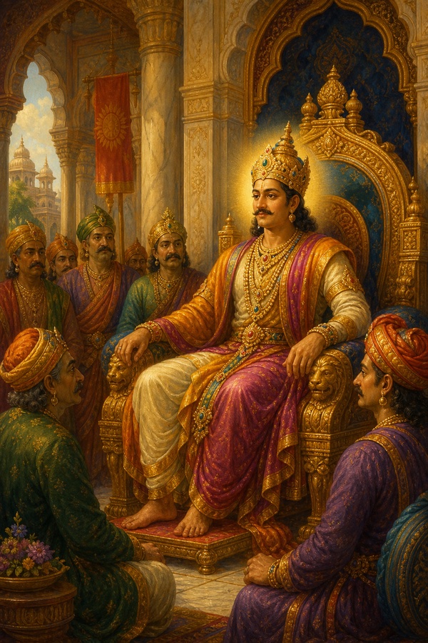 King Janaka of Mithila, crowned and richly robed yet calm-eyed, seated on his throne in a marble hall, a faint inner light marking him as a liberated sage-king, ministers at the side, opulent classical Indian palace scene