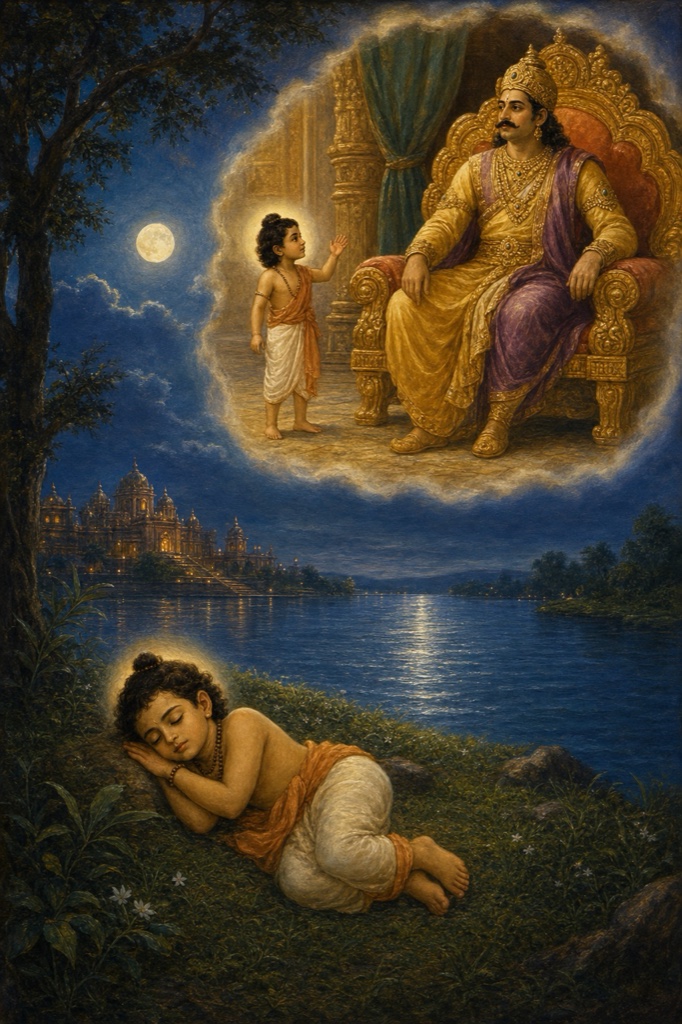 Dream tableau by a moonlit riverbank: young Shuka stands waving before seated King Janaka who gazes through him as if he were invisible, dreamy silver light, sleeping Shuka faintly shown at the river's edge, classical Indian color illustration