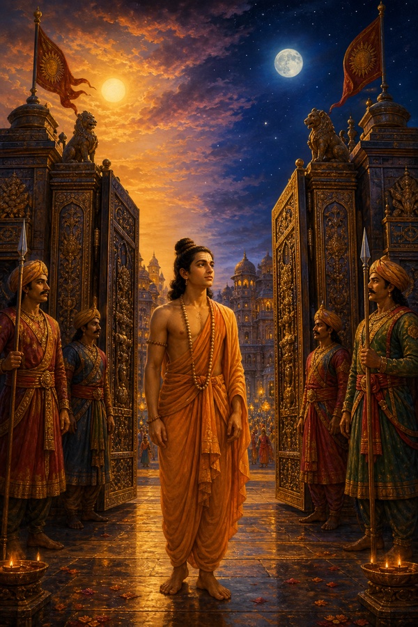 Slender barefoot Shuka stands motionless and serene before the ornate palace gate of Mithila as day turns to night around him, sun and moon both in the sky, turbaned guards watching, jewel-toned classical Indian painting