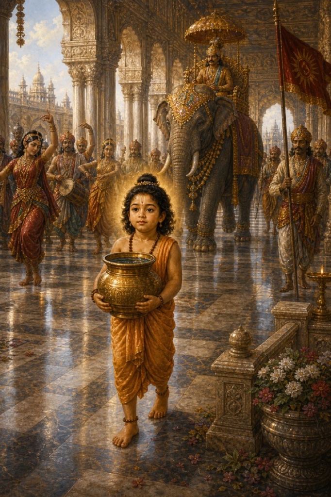 Shuka with lowered eyes carries a brimming water vessel in both hands down a marble corridor, unmoved as a dancing apsara, a caparisoned elephant and a royal procession pass around him, lavish classical Indian color scene