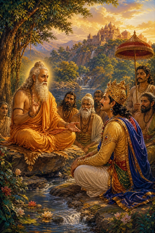 Aged sage Shukadeva seated on a stone bank by a stream teaching the doomed crowned King Parikshit who listens intently before him, sages and attendants gathered, a distant palace on the hill, luminous reverent classical Indian painting