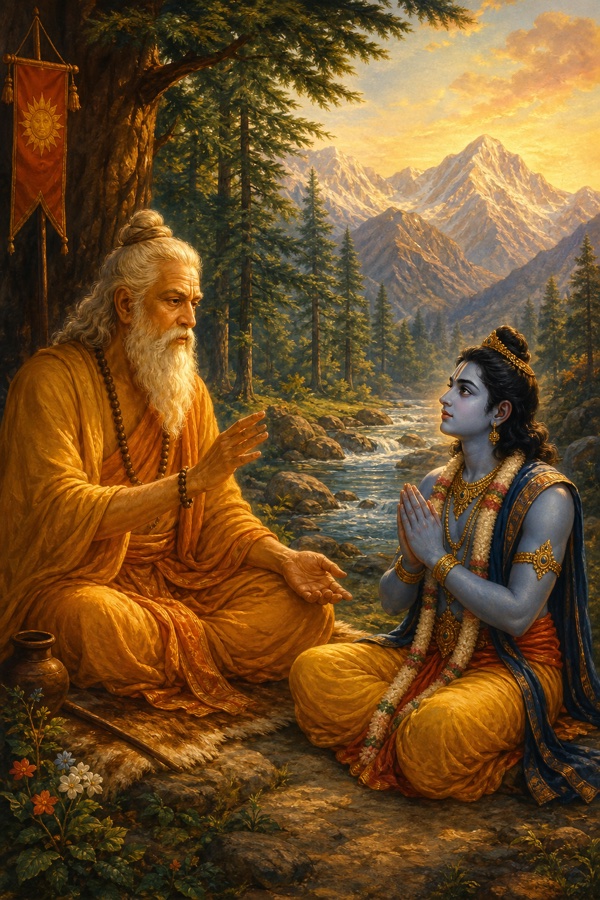 The aged sage Vasistha, white-bearded in ochre robes, teaching the young blue-skinned prince Rama beside a forest stream; Rama listens with folded hands; classical Indian miniature, warm dawn light, deodar trees and distant snow-peaks, rich color, dignified, no text