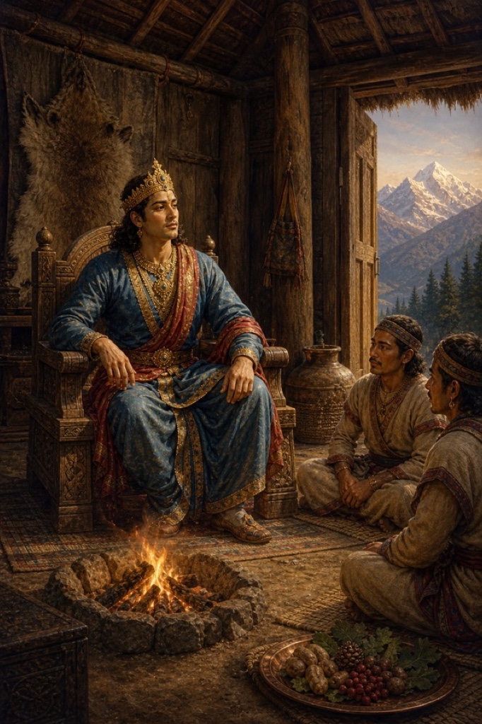 A large deodar-wood Himalayan hall of the Kirata king Suraghu, thatched roof of dried leaves, packed-earth floor, a central fire-pit glowing inside, a faded bear-skin hung behind a low wooden throne; warm interior firelight, snow mountains glimpsed through the doorway, painterly classical-Indian color illustration, dignified, no text