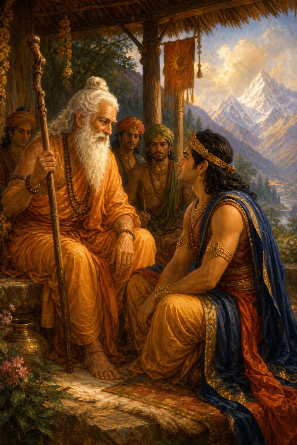 The very old white-bearded sage Mandavya, staff in hand, gazing tenderly into the eyes of the young Kirata king Suraghu who sits forward listening; a quiet recognition between them; thatched verandah, attendants behind, snow peaks beyond; soft golden light, classical-Indian color miniature, dignified, no text