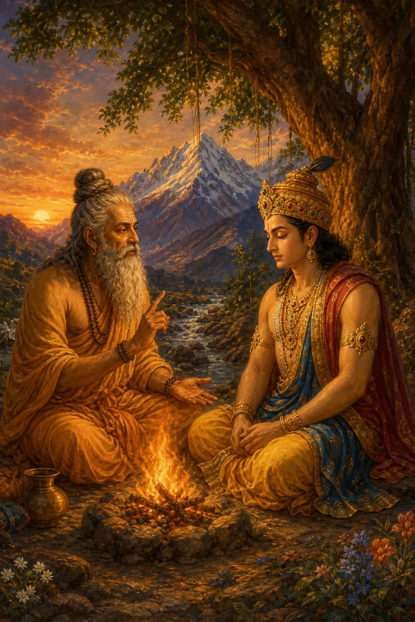 Sage Mandavya and king Suraghu seated knee to knee beside a small campfire under a tree; the sage gestures gently in instruction while the king closes his eyes to watch his own mind; a mountain stream and snow-peak behind; warm dusk colors, classical-Indian painterly miniature, dignified, no text