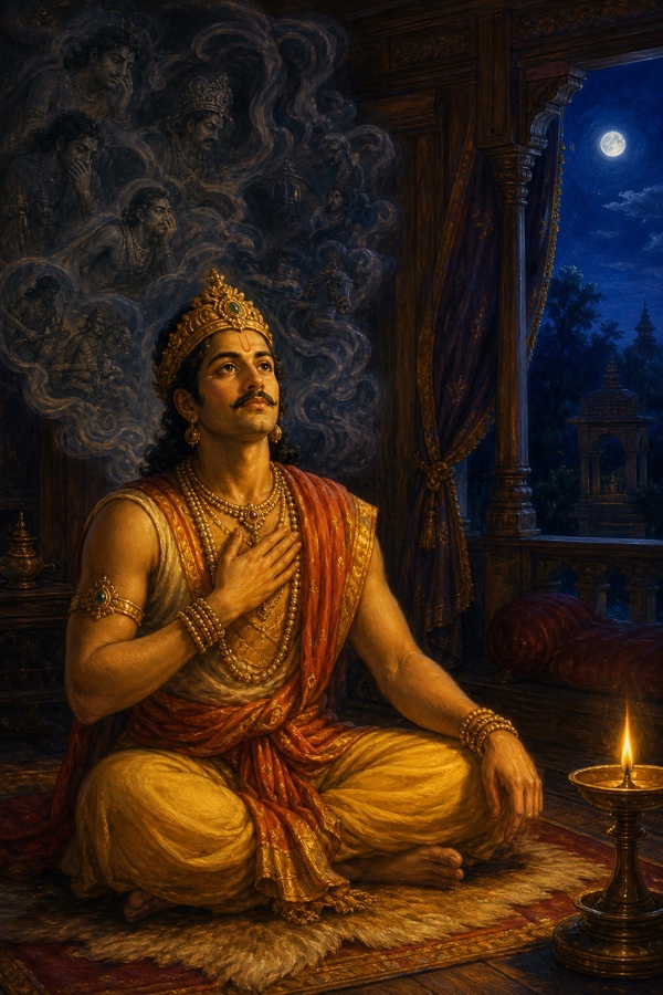 King Suraghu seated cross-legged in night meditation in his lamplit wooden chamber, hand to chest, serene face lit by a single oil lamp, eyes opening in inner realization; the restless thoughts as faint coiling smoke settling behind him; deep blue night, warm lamp glow, classical-Indian color illustration, dignified, no text