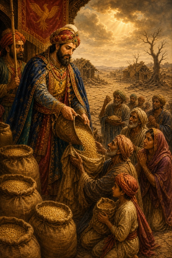 The Persian king Parigha in heavy robes opening his grain stores and handing grain to gaunt drought-stricken villagers in a dust-choked land of cracked earth and broken huts; lapis-blue palace columns behind, a barren ridge beyond; sombre warm tones, classical-Indian painterly color illustration, dignified, no text