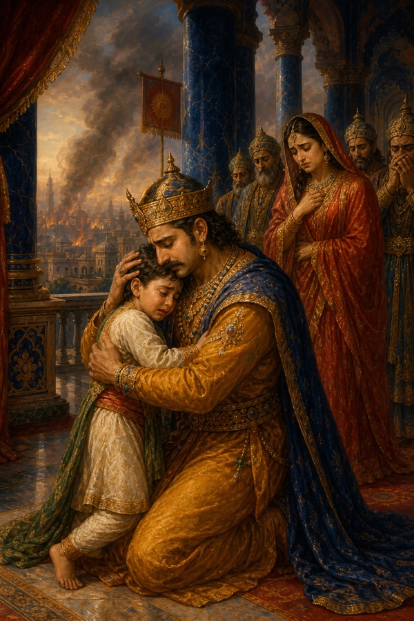 The crowned Persian king Parigha kneeling to embrace his weeping young son against his chest as he prepares to renounce the throne; grieving queen and courtiers behind, lapis-blue marble columns, a faint smoking city in the distance; tender sorrowful light, classical-Indian color illustration, dignified, no text