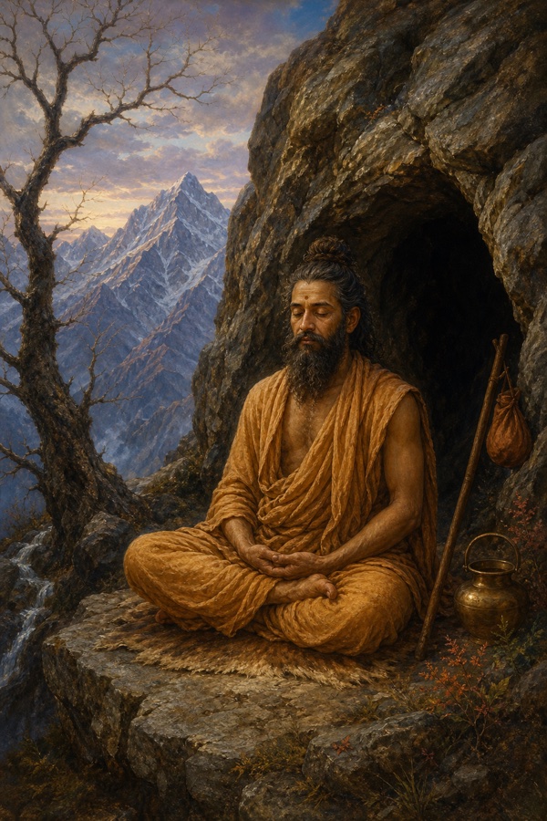 The former king Parnada, now a plain-clad bearded ascetic, seated cross-legged in deep meditation at the mouth of a small cave on a rocky Himalayan slope, water-pot and staff beside him; bare tree, dim grey-blue mountains behind; quiet austere color illustration, classical-Indian painterly style, dignified, no text