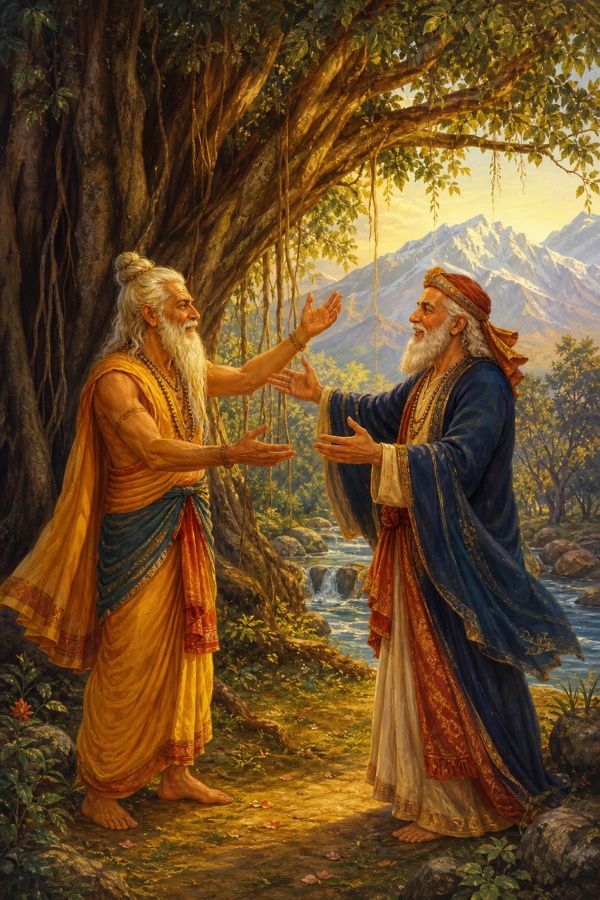 Two very old white-bearded ascetics, the former Kirata king Suraghu and the former Persian king Parnada, greeting each other as brothers beneath a great banyan-like tree in a small forest clearing; both thin, eyes bright, hands raised in mutual recognition; a forest stream and snowy ridge behind; warm reconciling light, classical-Indian color illustration, dignified, no text