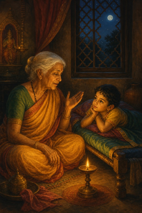 A frail white-haired old nursemaid sits cross-legged by an oil lamp in a humble night-time chamber, gently coaxing a wakeful young child resting on a low cot to sleep, her hand raised mid-tale; warm amber lamplight, deep indigo night through a lattice window, tender classical Indian miniature palette, no text, dignified