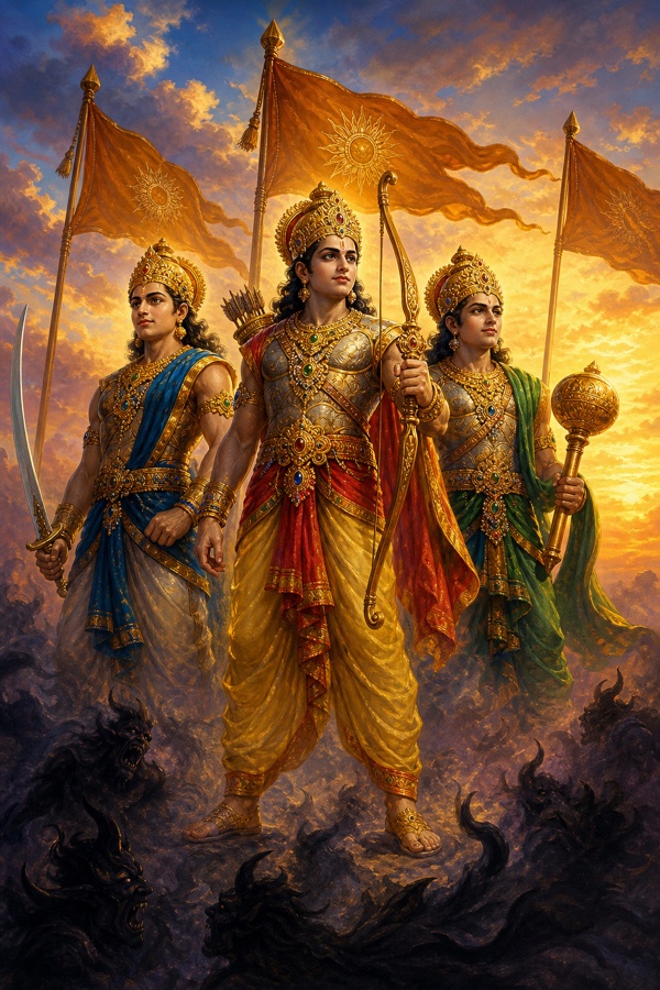 Three valiant crowned young princes in jewelled armour stand triumphant on a battlefield at dawn, bows, sword and mace in hand, fallen demon-rakshasa forms at their feet and banners flying behind them; heroic classical Indian painterly style, rich crimson and gold, victorious yet faintly translucent, no text, dignified