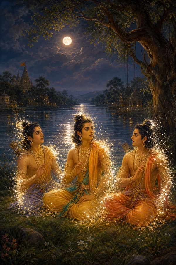 Three princes sit together on the grassy bank of a moonlit river, looking at one another in startled wonder as their bodies begin to dissolve into motes of pale light at the edges; reflective silvery water, hushed twilight, contemplative classical Indian miniature palette, no text, dignified