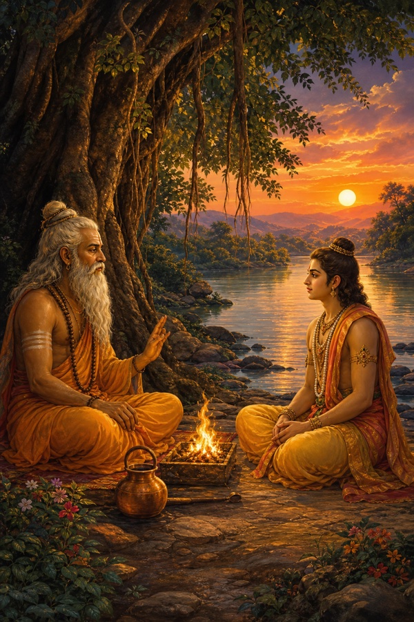 The aged sage Vasishtha and young prince Rama sit facing each other in quiet meditation beneath a great spreading tree by a river at dusk, a small ritual fire and water-pot between them, evening light resting on the still water; serene classical Indian painterly style, warm sunset and deep green, no text, dignified
