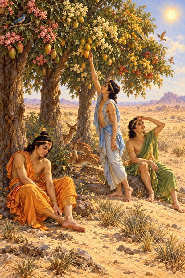 Three barefoot princes reach the shade of three fruit trees beside a burning desert road, birds in the boughs and fawns below.