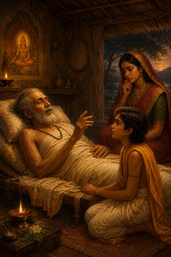 Painterly classical Indian color illustration: a frail dying Brahmin father lying on a low cot in a dim lamplit hut, lips parted whispering his final word, while his eight-year-old son Uddalaka kneels close, leaning in to listen with wide solemn eyes; a grieving mother nearby, oil lamp glow, warm earth tones, no text, no watermark, dignified.