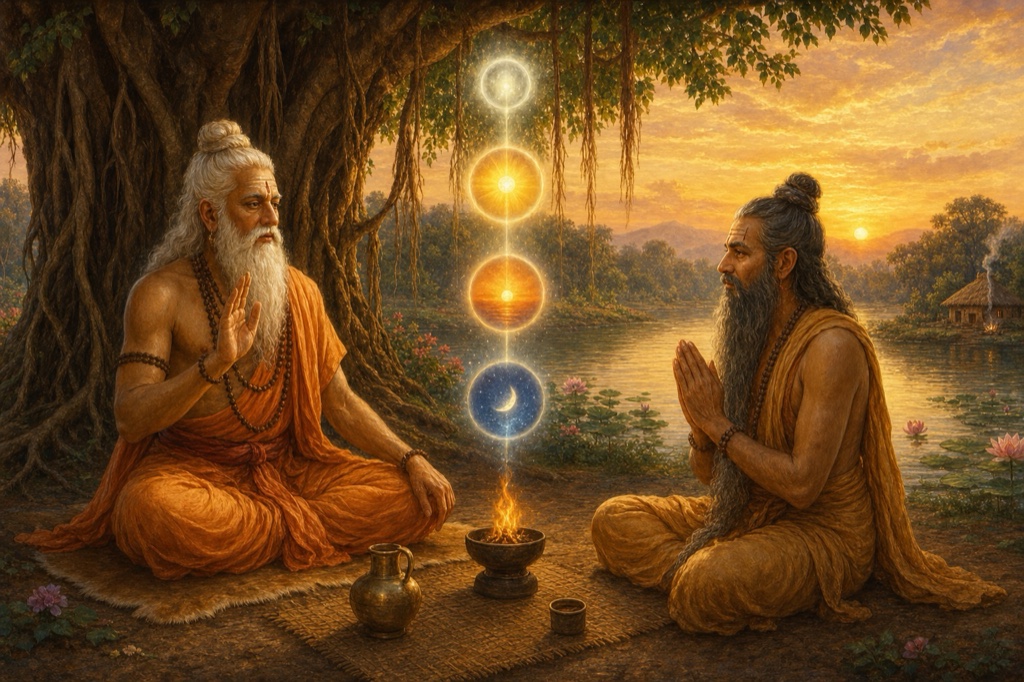 Painterly classical Indian color illustration: an old white-bearded guru seated beside young Uddalaka under a spreading tree by a river, palm raised in a teaching mudra, his breath drawn as a luminous golden thread curling through three glowing tones; Uddalaka listens attentively, small smoldering fire-pot between them, soft riverlight, no text, no watermark, dignified.