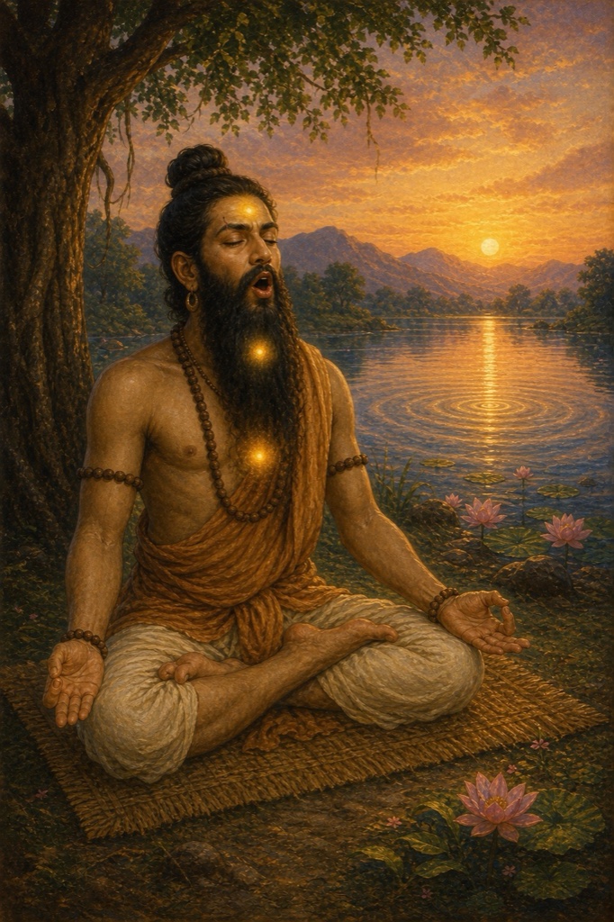 Painterly classical Indian color illustration: Uddalaka seated cross-legged on a mat by a lake, mouth open chanting OM aloud, golden sound-ripples radiating from chest to throat to brow, the lake surface rippling outward in concentric rings, trees echoing the resonance; brass vessels and a small fire beside him, dawn colors, no text, no watermark, dignified.