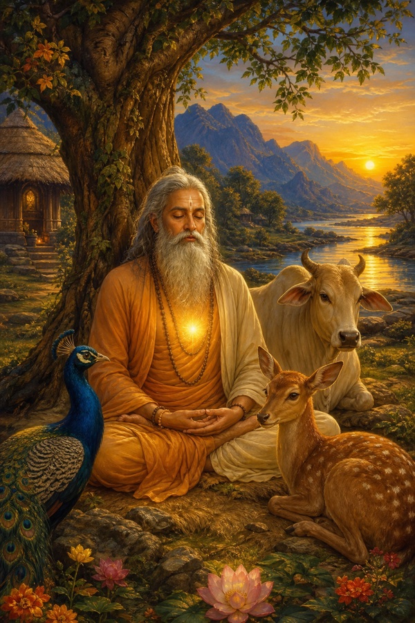 Painterly classical Indian color illustration: an aged Uddalaka with long grey beard seated in perfectly still meditation under a tree by the river, his face serene with childlike luminous eyes, a soft inner light glowing at his heart; a peacock, a gentle deer, and a cow gathered peacefully around him, a thatched shrine and blue mountains behind, golden evening light, no text, no watermark, dignified.