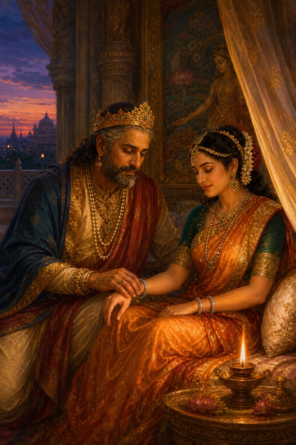 King Vasudeva, fifty-five, in royal robes returning at dusk to his queen Sunayana in a warm palace chamber, gently laying his wrist against hers so their thin silver bracelets touch, a tender silent ritual, lit oil lamp beside them, painterly classical Indian color art, dignified