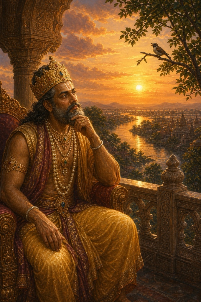 Vasudeva seated alone on a high palace balcony at sunset, gazing at a small bird perching and flitting on a tree branch, a golden river and soft clouds below, a pensive question on his face, painterly classical Indian color art, dignified