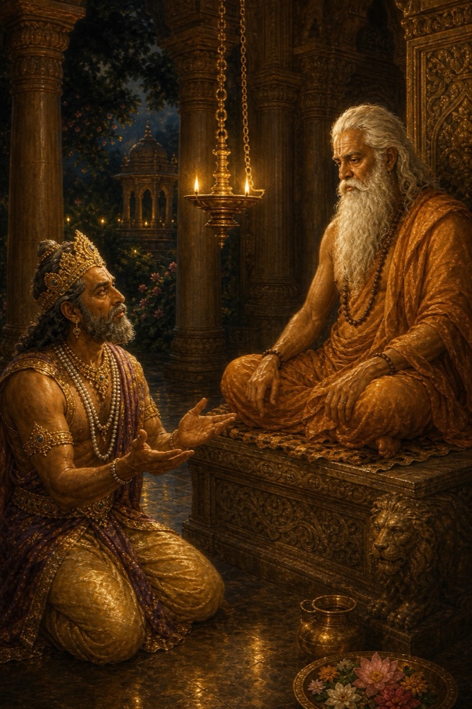 Crowned Vasudeva kneeling before an ancient long-bearded royal-priest rishi seated on a raised stone seat in a colonnaded hall, asking his question, a single hanging lamp glowing behind, painterly classical Indian color art, dignified