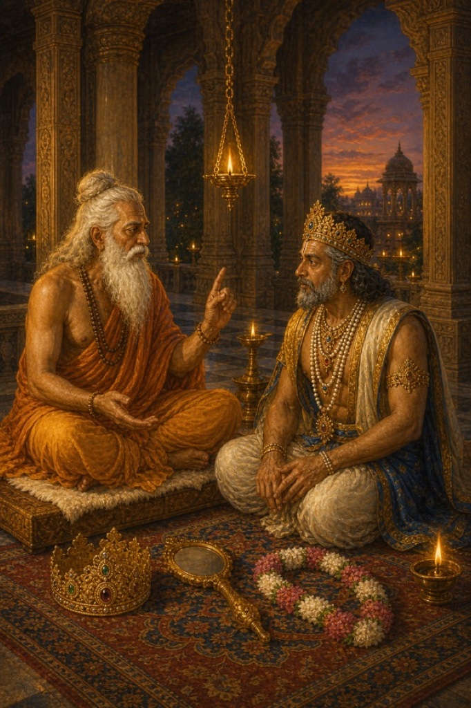 The seated old rishi instructing the kneeling king, between them on the floor a crown, a hand mirror and a flower garland arranged like identities to be set down one by one, lamplit colonnade, painterly classical Indian color art, dignified