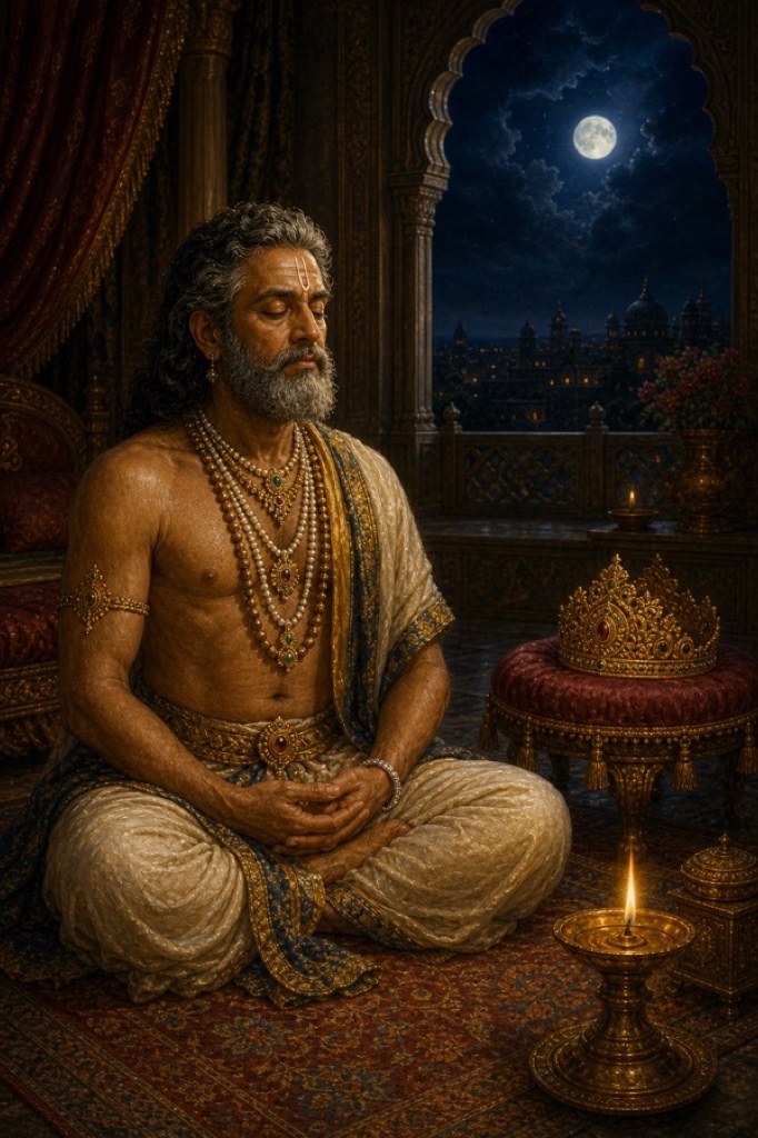Vasudeva seated cross-legged on the floor of his moonlit bedchamber at night, eyes closed in meditation, his crown set aside on a cushioned stool, a single oil lamp burning, full moon and dim city through an arched window, painterly classical Indian color art, dignified