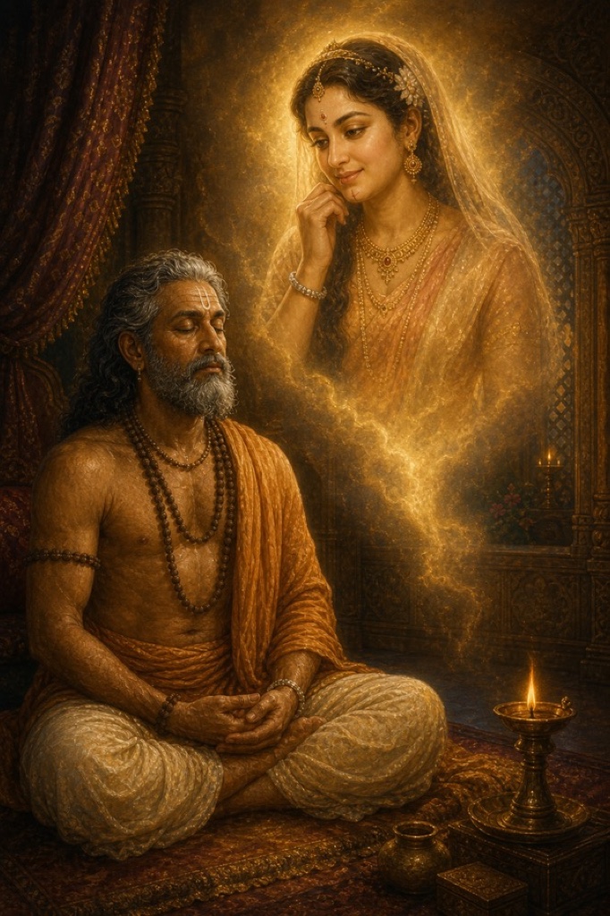 Meditating Vasudeva with a luminous translucent vision of his queen Sunayana's round face rising before his closed eyes, her gentle smile and the silver bracelet on her wrist glowing in the inner light, soft lamplight in the dark chamber, painterly classical Indian color art, dignified
